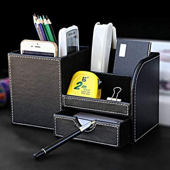 PU Leather Desk Organizer with Drawer, Pen Holder, Phone Storage - Picture 7 of 7